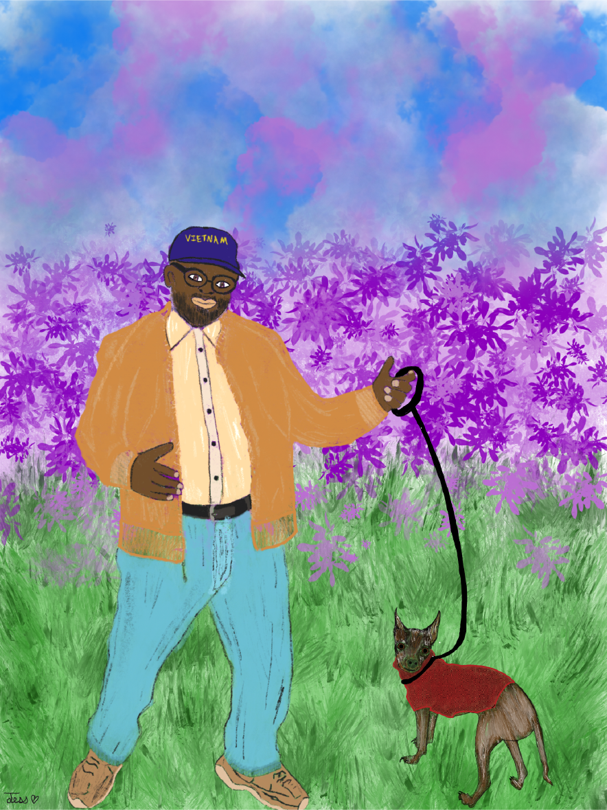 Black male with chihuahua on a leash. Pretty field of purple flowers in the background.